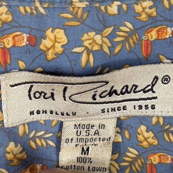 Tori Richard M Vintage Toucan Floral Shirt Men's Blue Yellow Cotton Made in USA - Picture 2 of 4